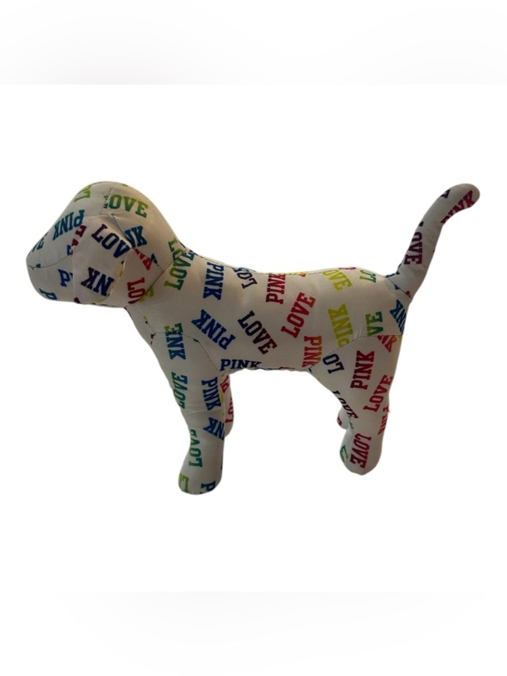 PINK Victoria's Secret White Plush Dog with Multicolor LOVE & PINK Print
